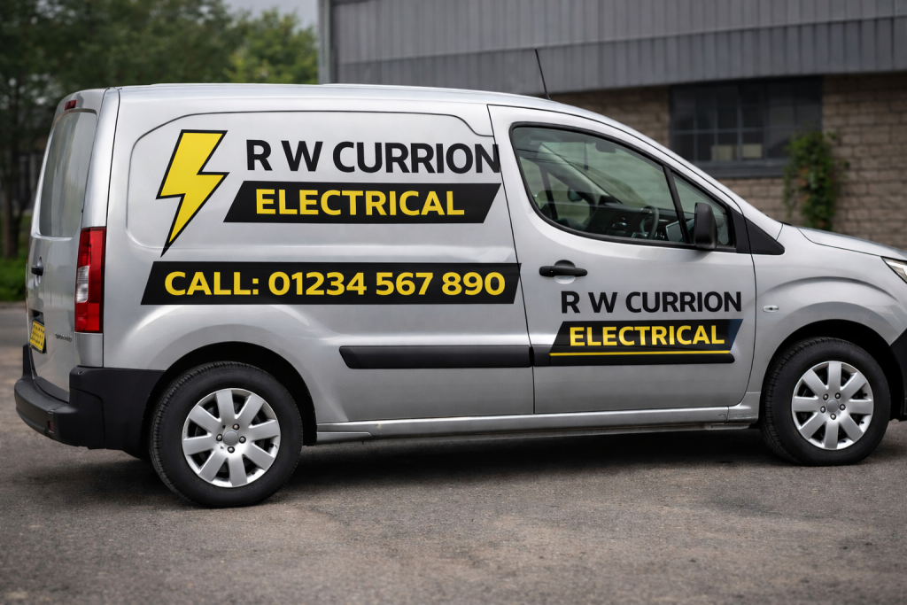 Van Sign Writing First Design Early van sign writing design concept for RW Currion Electrical Banbury