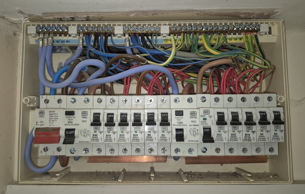 Consumer unit with RCDs tripped due to electrical fault in Bloxham home