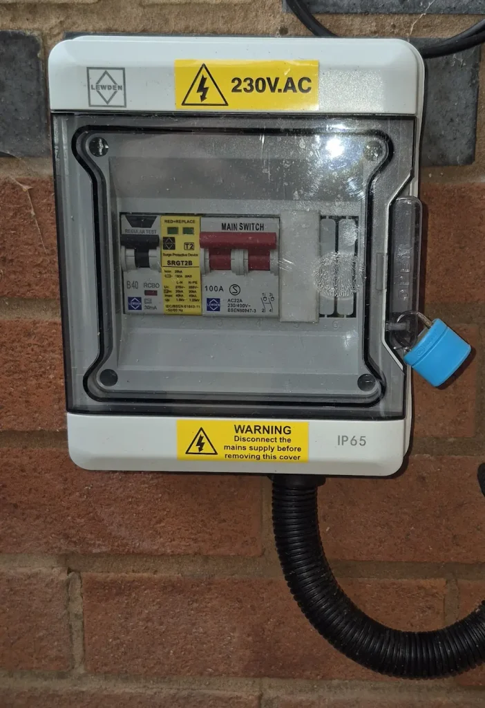 External consumer unit for EV charger installation in Banbury with RCBO and surge protection