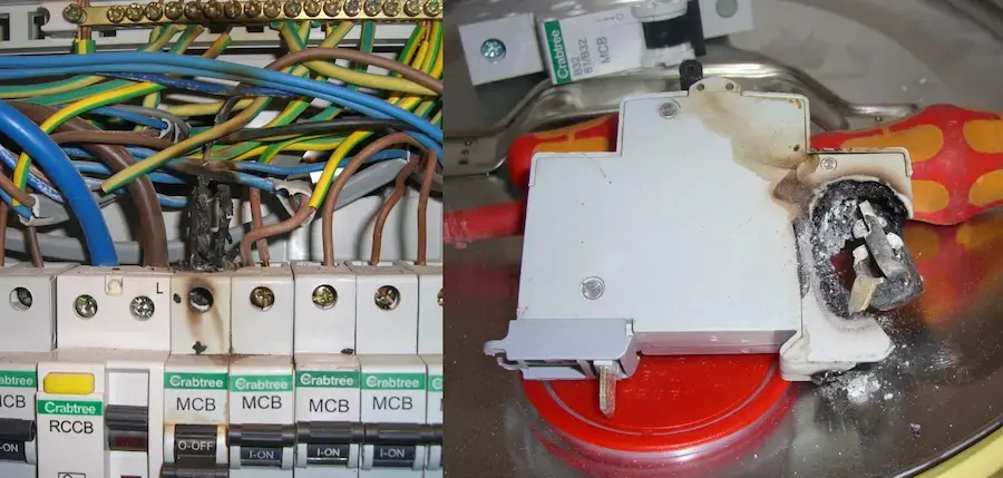 Electrical fault causing damage inside consumer unit Burnt MCB and damaged consumer unit caused by electrical fault in Banbury