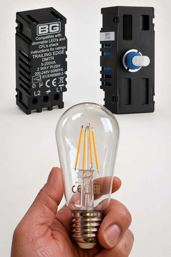 LED dimmer switch module with dimmable LED bulb showing compatibility
