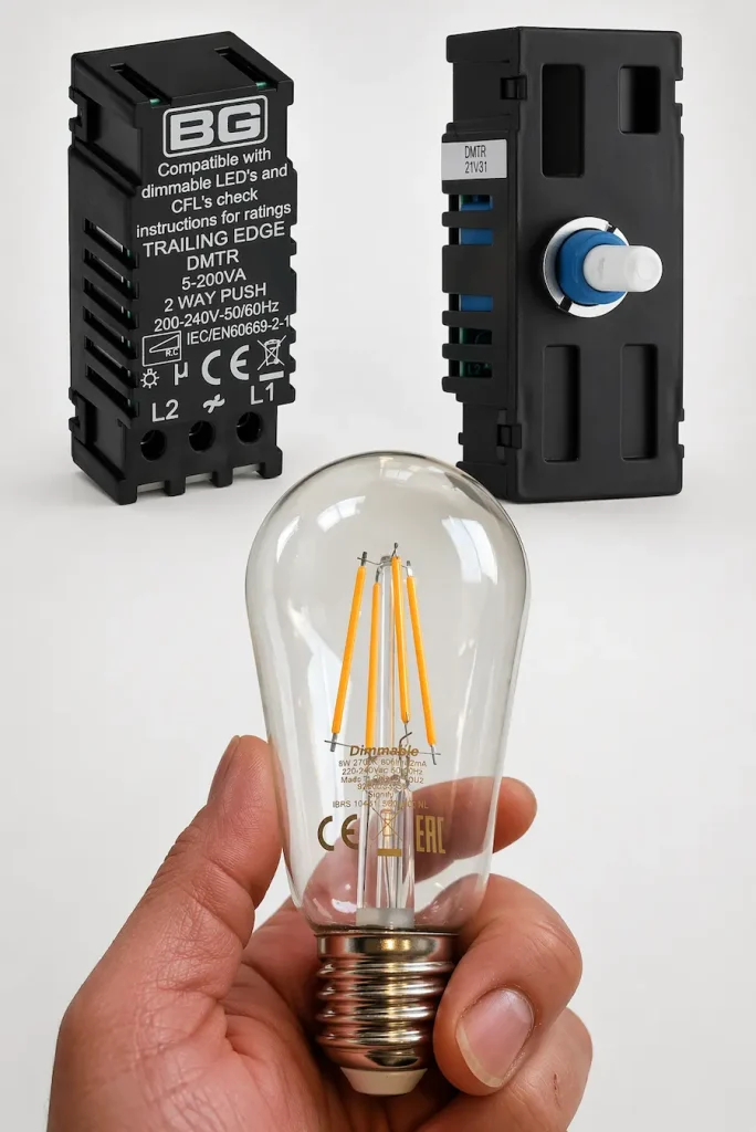 LED Dimmer and Dimmable Bulb Compatibility LED dimmer switch module with dimmable LED bulb showing compatibility