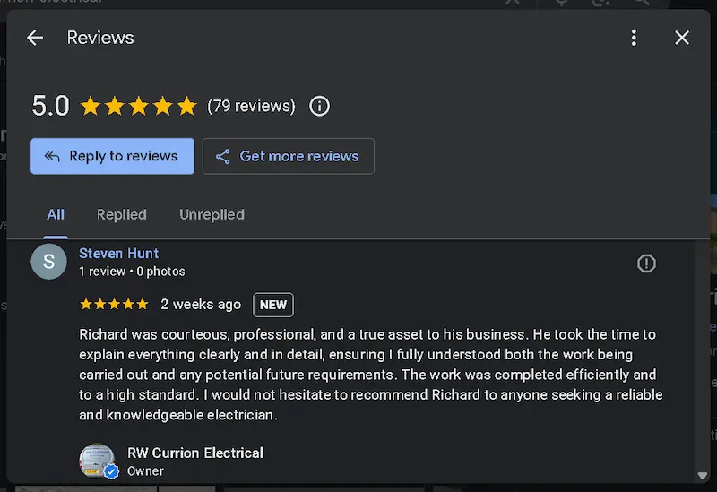 Google review for RW Currion Electrical from a customer praising Richard for clear explanations, professional electrical work and reliable service.