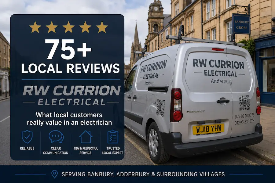 RW Currion Electrical van parked on a Banbury street with 75+ local customer reviews highlighted, showing trusted electrical services in Banbury, Adderbury and surrounding villages.