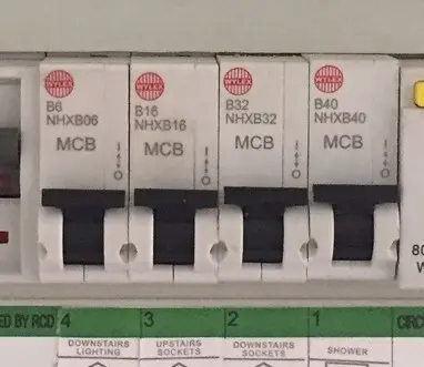 Miniature circuit breakers (MCBs) in a consumer unit protecting household circuits