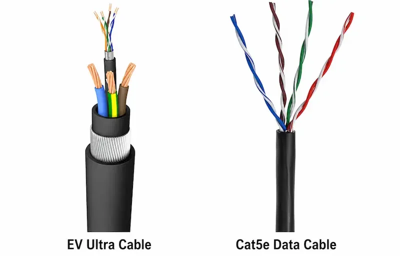 EV Ultra and Cat5e Data Cable Comparison. EV Ultra cable and Cat5e data cable used for EV charger load balancing installations.