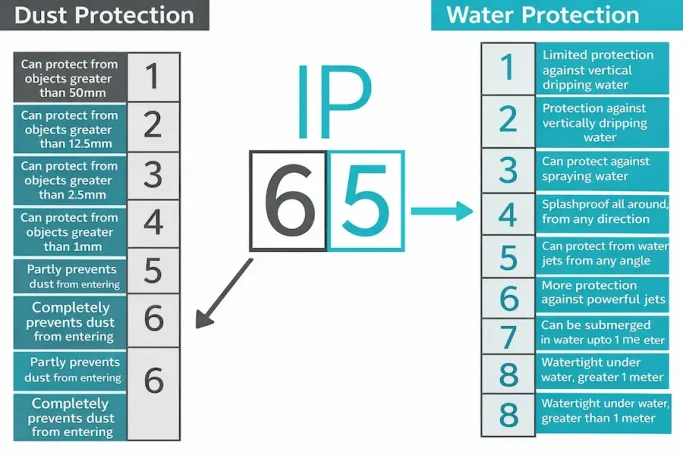 IP rating chart showing dust and water protection levels