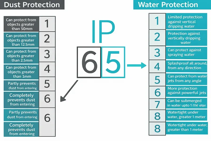 IP rating chart showing dust protection and water protection levels