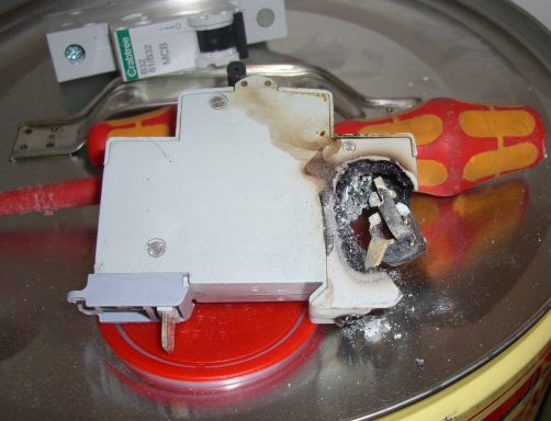 Burnt miniature circuit breaker (MCB) identified during electrical fault finding