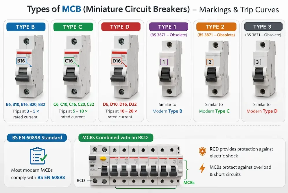 Types of MCB circuit breakers showing Type B, Type C, Type D and older BS 3871 Type 1, 2 and 3