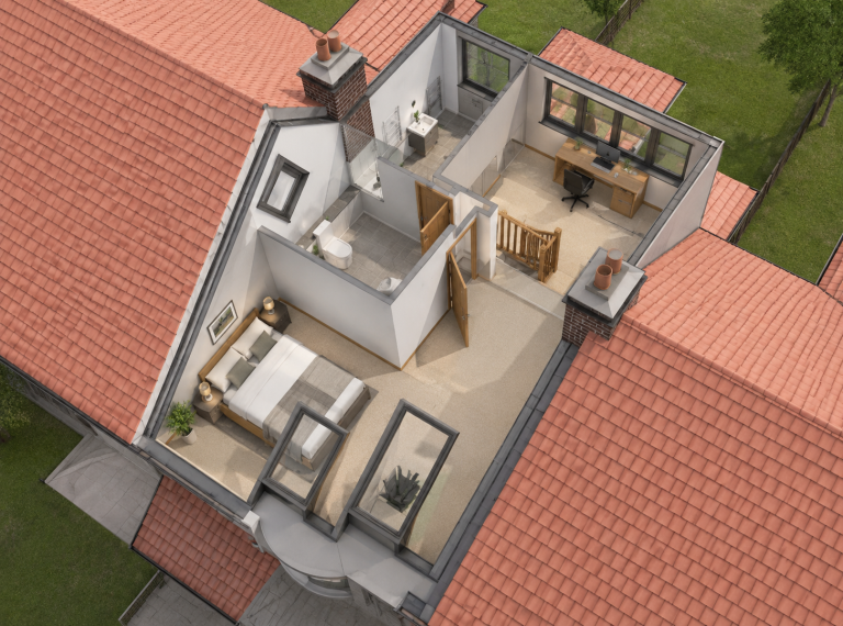 Loft Conversion Electrical Installation Illustration of a loft conversion with bedroom, bathroom and office space