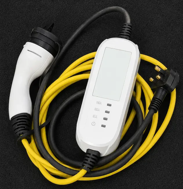 A portable granny charger is usually much slower than a dedicated 7kW home EV charger. Portable EV granny charger lead with 3-pin plug