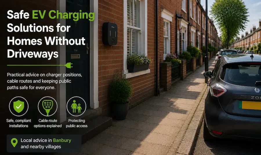 EV charger on a brick wall with an electric car parked on the street.