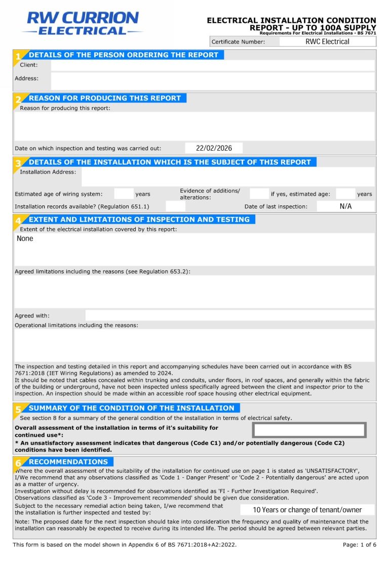 Electrical Installation Condition Report from RW Currion Electrical
