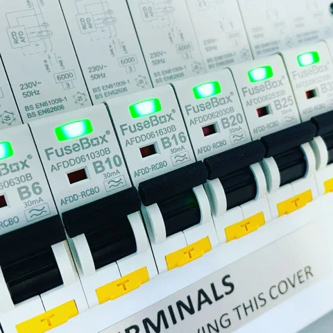 AFDD (Arc Fault Detection Device) installed in consumer unit AFDD installed in consumer unit protecting electrical circuit from arc faults