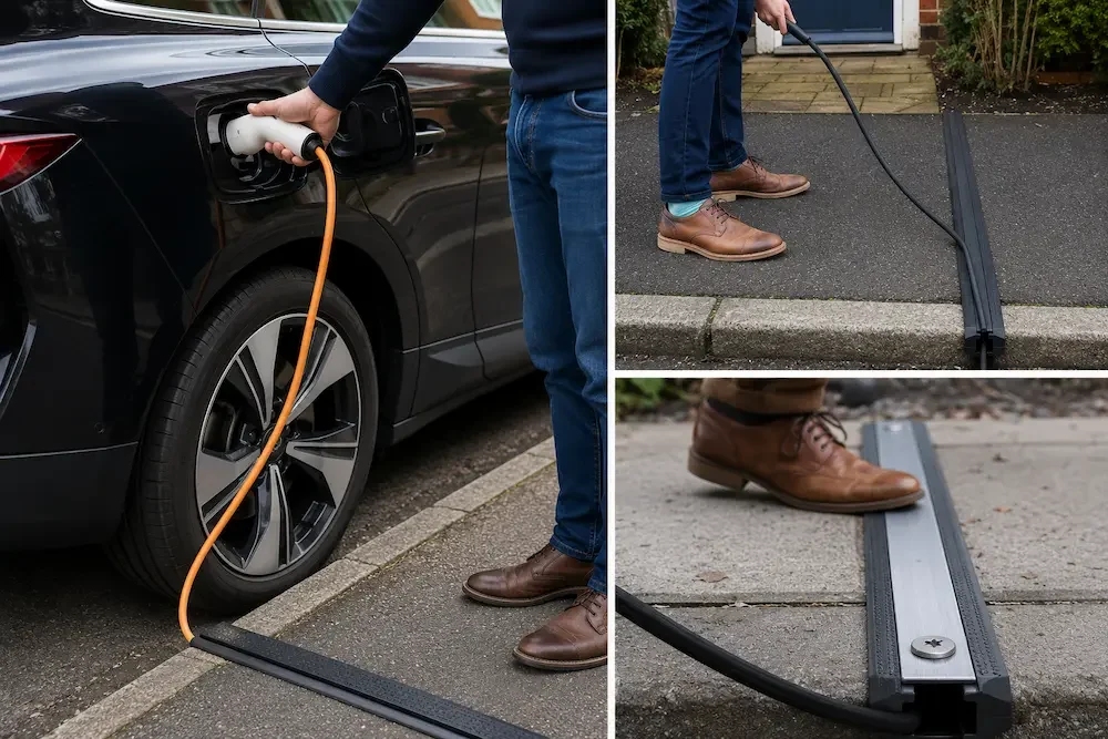 Cross-pavement EV charging channel used to route a charging cable safely.