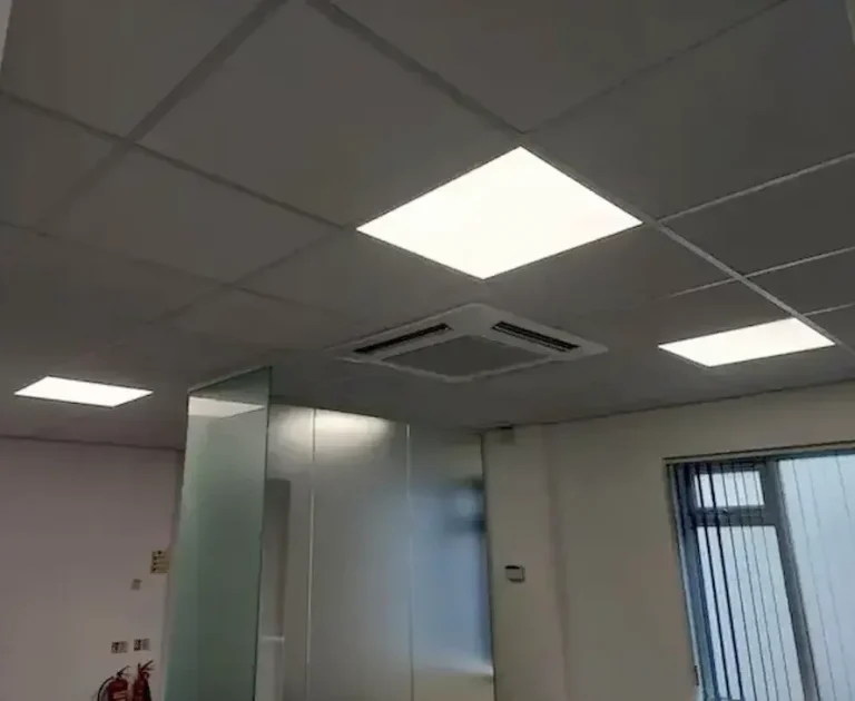 Office LED Ceiling Panel Light Upgrade LED ceiling panel lights installed in an office as part of a commercial lighting upgrade by RW Currion Electrical.