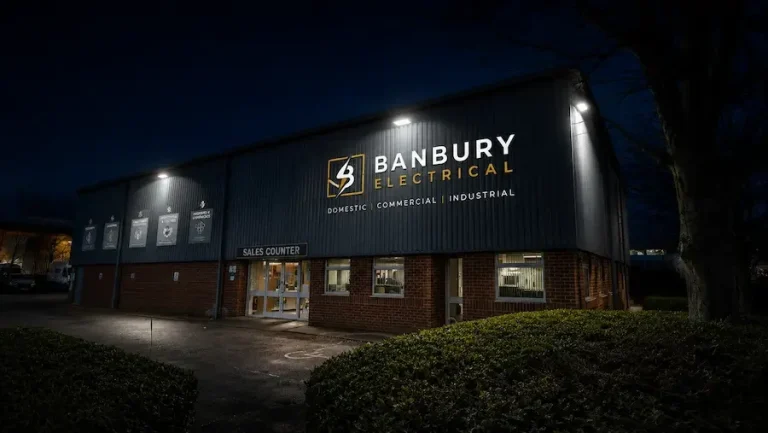 Security lighting installed on a commercial building in Banbury