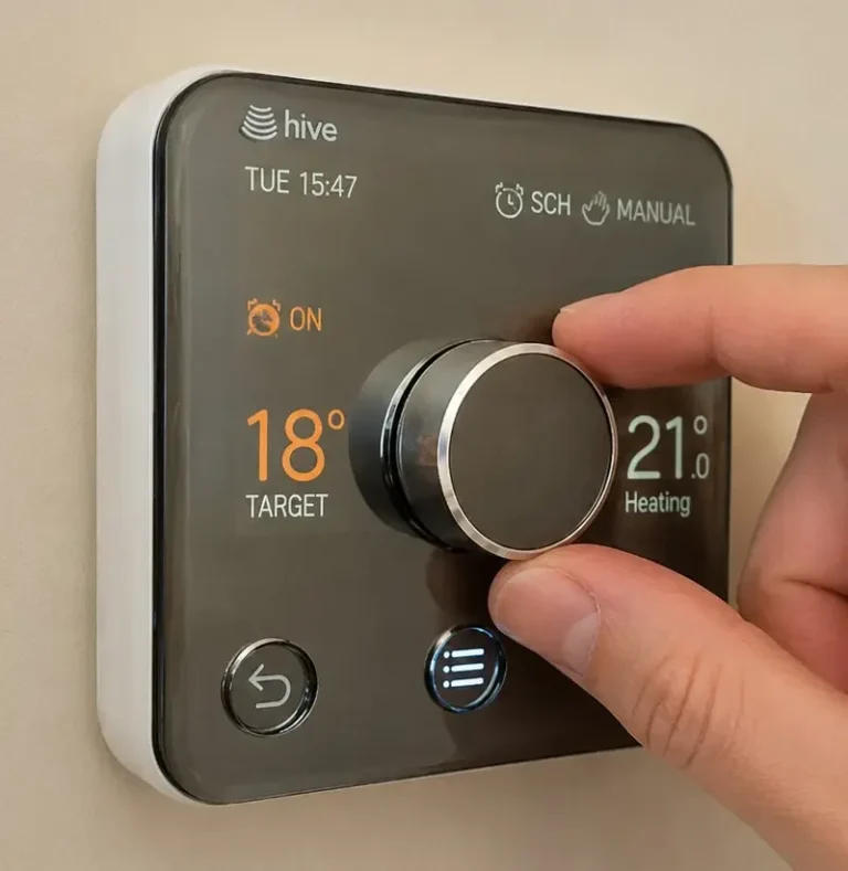 Hive Heating Controls in Banbury Hive smart thermostat being adjusted for heating controls and boiler wiring in Banbury