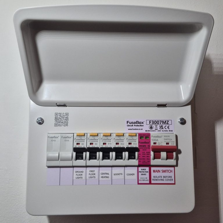 Upgraded modern consumer unit with RCBOs and surge protection installed in a Banbury home by RW Currion Electrical