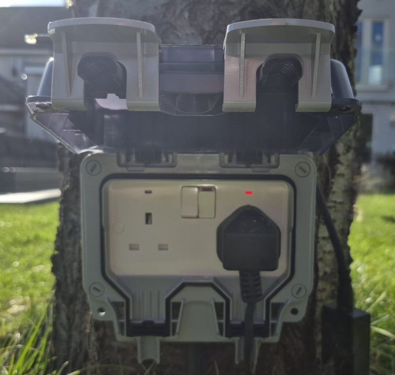 Outdoor Socket Installation in Banbury – Weatherproof Garden Socket Weatherproof outdoor double socket installed in a garden in Banbury