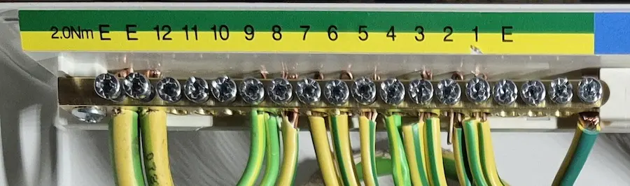 Earthing and Bonding Earth cables connected to earth bar in consumer unit