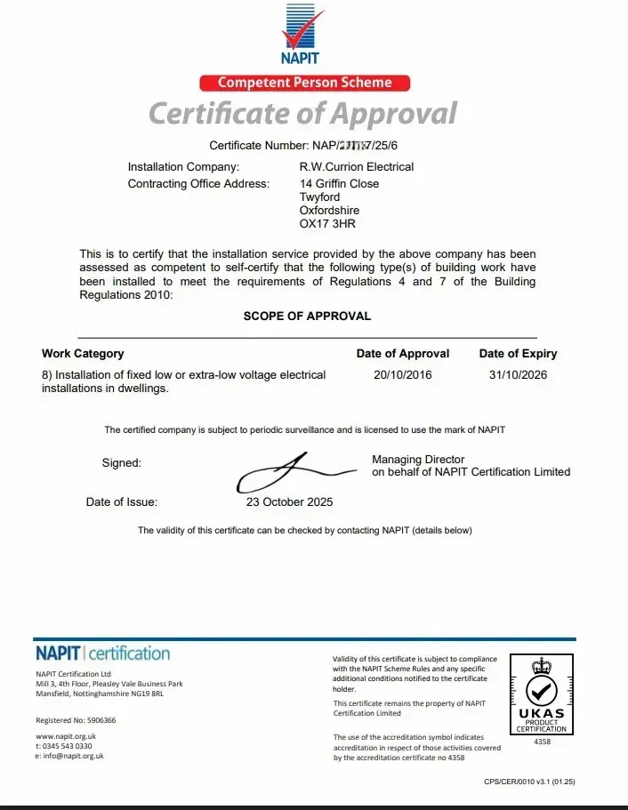 NAPIT certificate for RW Currion Electrical in Banbury