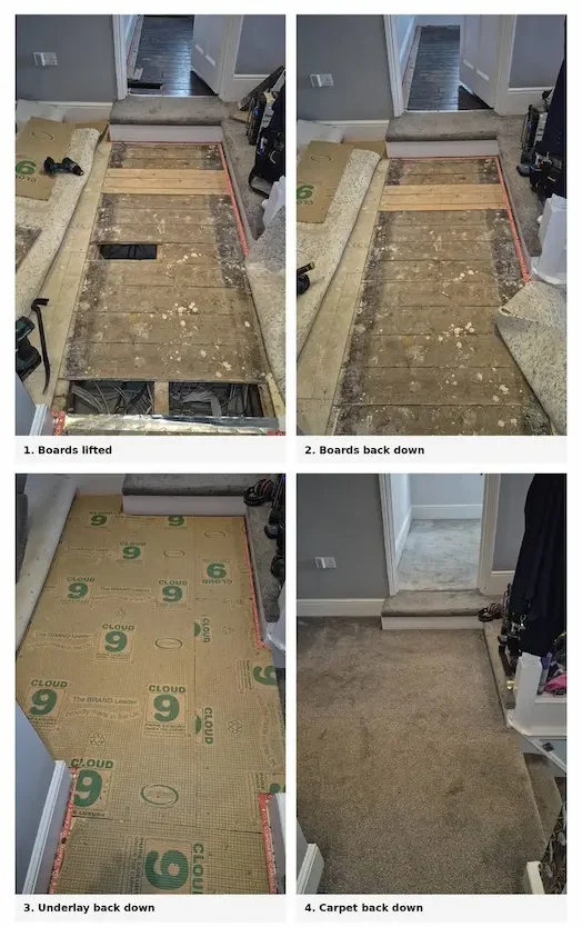 EV Charger Cable Route Under Floorboards EV charger cable route under lifted floorboards, before the flooring was put back down.