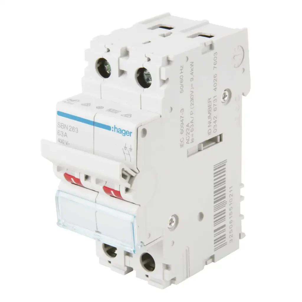 63 amp main switch in consumer unit showing main isolator for electrical supply